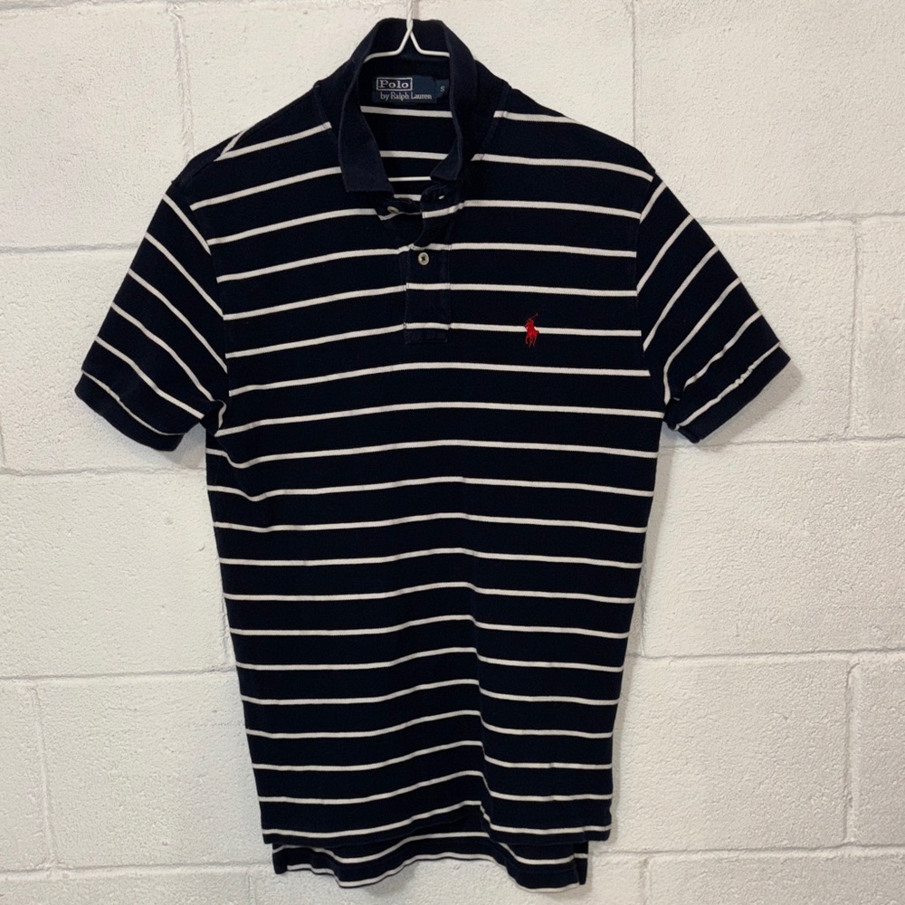 Polo by Ralph Lauren Navy & White Striped Polo with Red Logo